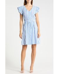 Ichi - Striped Tie Waist Cotton Dress - Lyst