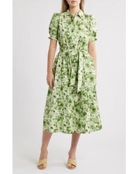 Anne Klein - Print Puff Sleeve Tie Waist Midi Shirtdress - Lyst