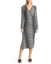 Loveappella - Leopard Print Ruched Faux Wrap Midi Dress - Lyst