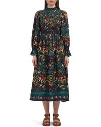 CELINA MOON Woodland Floral Long Sleeve Midi Dress in Black | Lyst