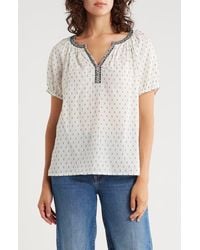 Lucky Brand - Embroidered Puff Sleeve Cotton Blend Top - Lyst