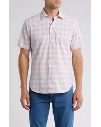 David Donahue - Check Poplin Casual Short Sleeve Cotton Button-up Shirt - Lyst
