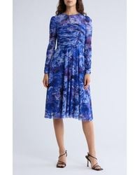 Eliza J Three Quarter Sleeve Illusion Yoke Dress in Blue | Lyst