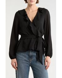 Max Studio - Ruffle Long Sleeve Faux Wrap Top - Lyst