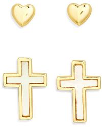 Argento Vivo - Set Of 2 Heart & Mother-Of-Pearl Cross Stud Earrings - Lyst