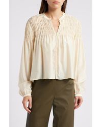FRAME - Smocked Silk Blend Top - Lyst
