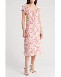 Melrose and Market - Floral Tie Keyhole Puff Sleeve Midi Dress - Lyst