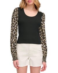 DKNY - Leopard Print Long Sleeve Mixed Media Top - Lyst