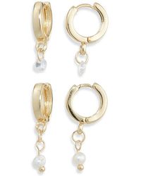 Nordstrom Rack - Set Of 2 Faux Pearl & Cubic Zirconia Huggie Hoop Earrings - Lyst