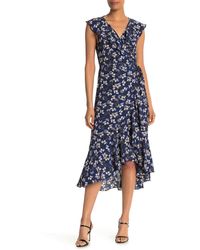 max studio patterned ruffle wrap midi dress