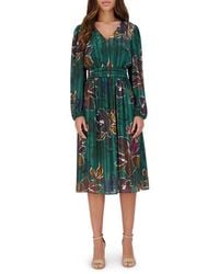 Kensie - Floral Long Sleeve Satin A-Line Midi Dress - Lyst