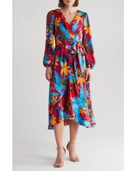 Tahari - Floral Long Sleeve Faux Wrap Midi Dress - Lyst