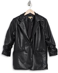 Democracy Ruched Elbow Sleeve Faux Leather Blazer - Black