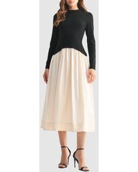 AUGUST SKY Mixed Media Long Sleeve Maxi Dress in Natural | Lyst