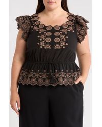 Democracy - Embroidered Eyelet Flutter Sleeve Peplum Top - Lyst