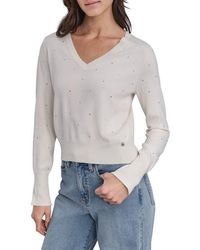 DKNY - V-Neck Crystal Embellished Sweater - Lyst