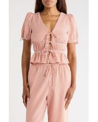 Wayf - Gingham Short Sleeve Tie Front Top - Lyst