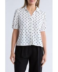 Adrianna Papell - Polka Dot Puff Sleeve Knit Button-Up Top - Lyst