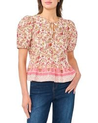 Cece - Floral Puff Sleeve Cotton Peplum Top - Lyst
