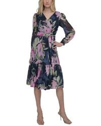 DKNY - Floral V-Neck Long Sleeve Midi Fit & Flare Dress - Lyst