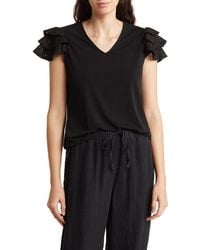 Adrianna Papell - Eyelet Ruffle Sleeve Crepe Top - Lyst