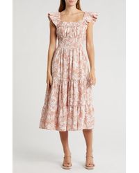 Lush - Square Neck Ruffle Sleeve Midi Dress - Lyst