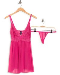 RACHEL Rachel Roy Soft Cup Lace Babydoll Teddy With Thong - Pink