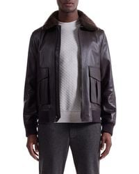 Bugatchi - Leather Bomber Jacket With Removable Genuine Shearling Collar - Lyst