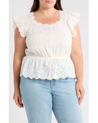 Democracy - Embroidered Eyelet Flutter Sleeve Peplum Top - Lyst