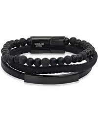 HMY Jewelry - Black Stainless Steel Lava Bead & Leather Layered Bracelet - Lyst