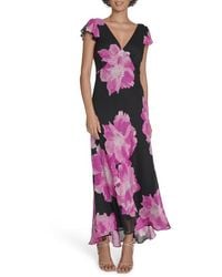 Calvin Klein - Floral Flutter Sleeve Chiffon Maxi Dress - Lyst