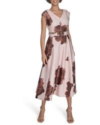 Calvin Klein - Floral V-Neck Belted Midi A-Line Dress - Lyst