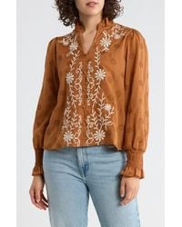 Forgotten Grace - Floral Embroidered Smocked Cuff Top - Lyst