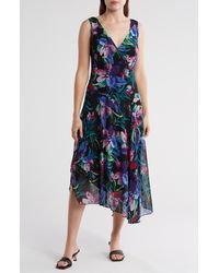 Connected Apparel - Floral Asymmetric Hem Chiffon Midi Dress - Lyst