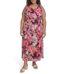 Calvin Klein - Floral Sleeveless Chiffon Faux Wrap Dress - Lyst