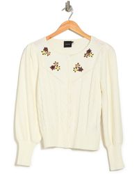 Cliche Floral Embroidered Button Front Cardigan - White