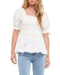 English Factory - Smocked Tie Cuff Peplum Top - Lyst