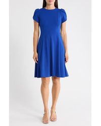 Calvin Klein Solid Cap Sleeve Fit & Flare Dress in Blue | Lyst