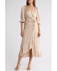 DONNA MORGAN FOR MAGGY - Three-Quarter Sleeve Faux Wrap Midi Dress - Lyst