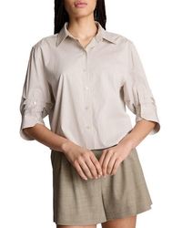 Kenneth Cole - Striped Cropped Shirt With Pleated Three-Quarter Sleeves - Lyst