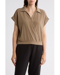 Pleione - Short Sleeve Faux Wrap Textured Satin Top - Lyst
