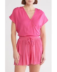 Elan - Short Sleeve Faux Wrap Cover-Up Crop Top - Lyst