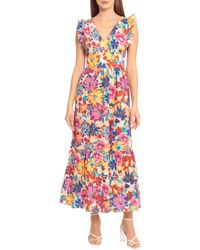 Maggy London - V-neck Ruffle Sleeve Floral Print Stretch Cotton Maxi Dress - Lyst