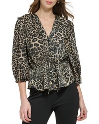 DKNY - Leopard Print Tie Waist Satin Blouse - Lyst