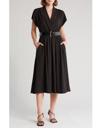 Black Short Sleeve Belted Midi Dress