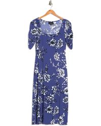 Connected Apparel Floral Shirred Short Sleeve Midi Dress In Denim At Nordstrom Rack - Blue