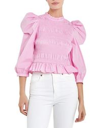 English Factory - Smocked Puff Shoulder Poplin Top - Lyst
