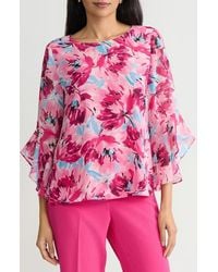 Kasper - Floral Print Flutter Sleeve Top - Lyst