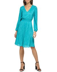Kensie - Pleated V-neck Long Sleeve A-line Dress - Lyst