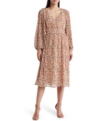 Lush - Floral Print Long Sleeve Pleated Midi Dress - Lyst